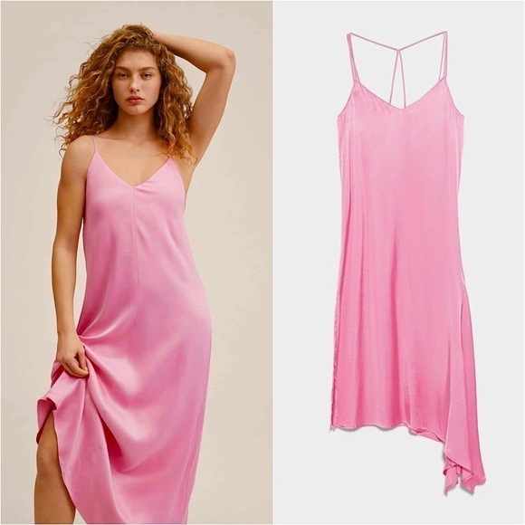 NWT ZARA 90s Y2K Barbie Pink Satin Asymmetric Hem Sleeveless Slip Midi Dress XS - Picture 4 of 9
